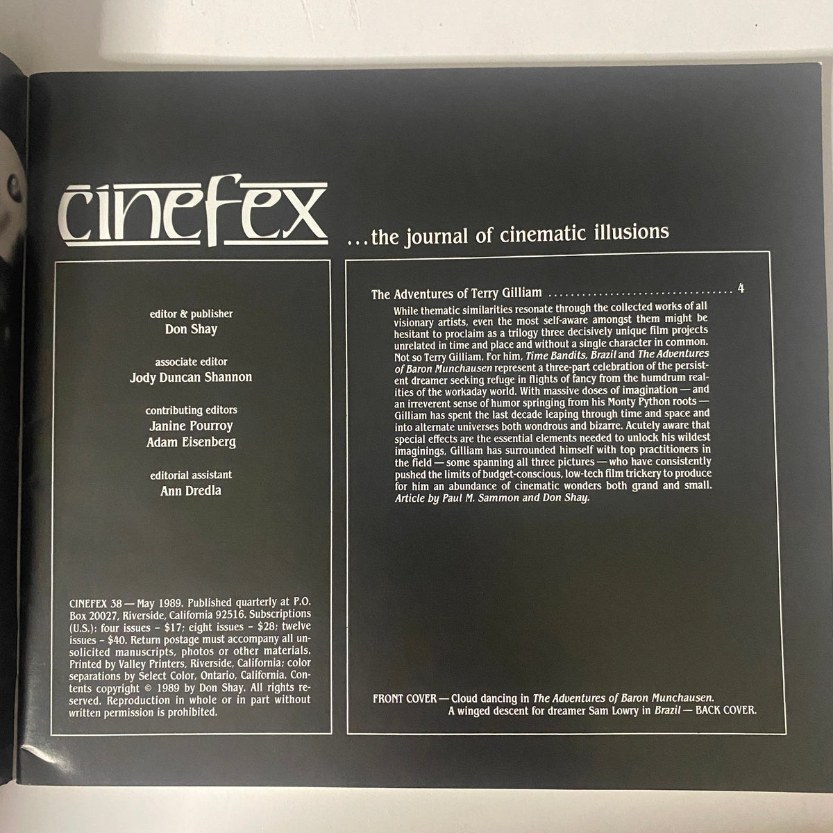 Cinefex Magazine May 1989 No. 38 page detailing the editorial staff and a feature on The Adventures of Terry Gilliam, highlighting the film's creative process and artistry.