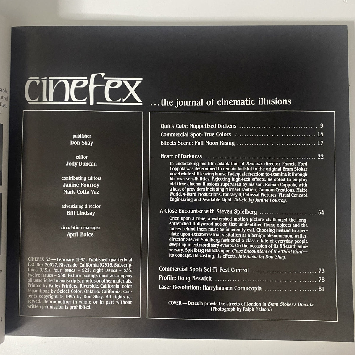 Cinefex Magazine February 1993 No. 53 contents page, detailing articles and features including 'Heart of Darkness' and 'A Close Encounter with Steven Spielberg' related to Bram Stoker's Dracula.