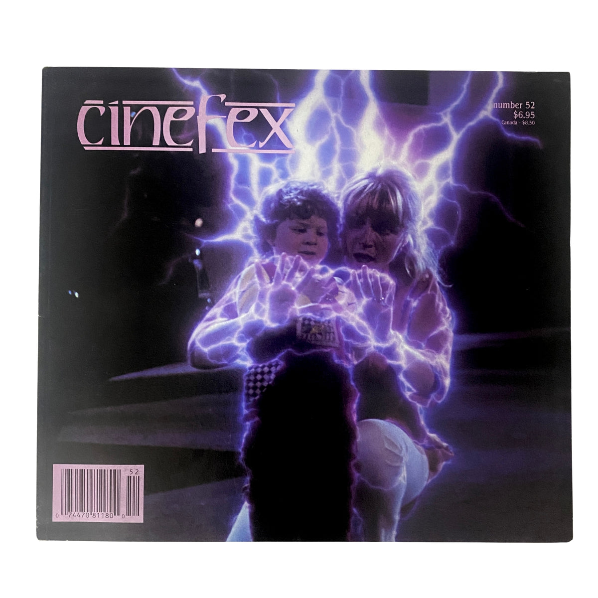 Cover of Cinefex Magazine November 1992 No. 52 featuring an electrifying scene from Honey, I Blew Up the Kid, showcasing a child and an adult amidst vibrant purple electric effects.