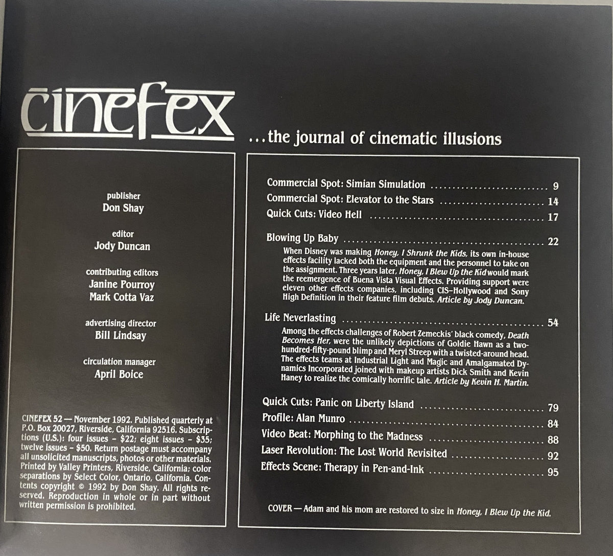 Contents page of Cinefex Magazine November 1992 No. 52, detailing articles including Blowing Up Baby and Life Everlasting, alongside commercial spot highlights and profiles related to visual effects.