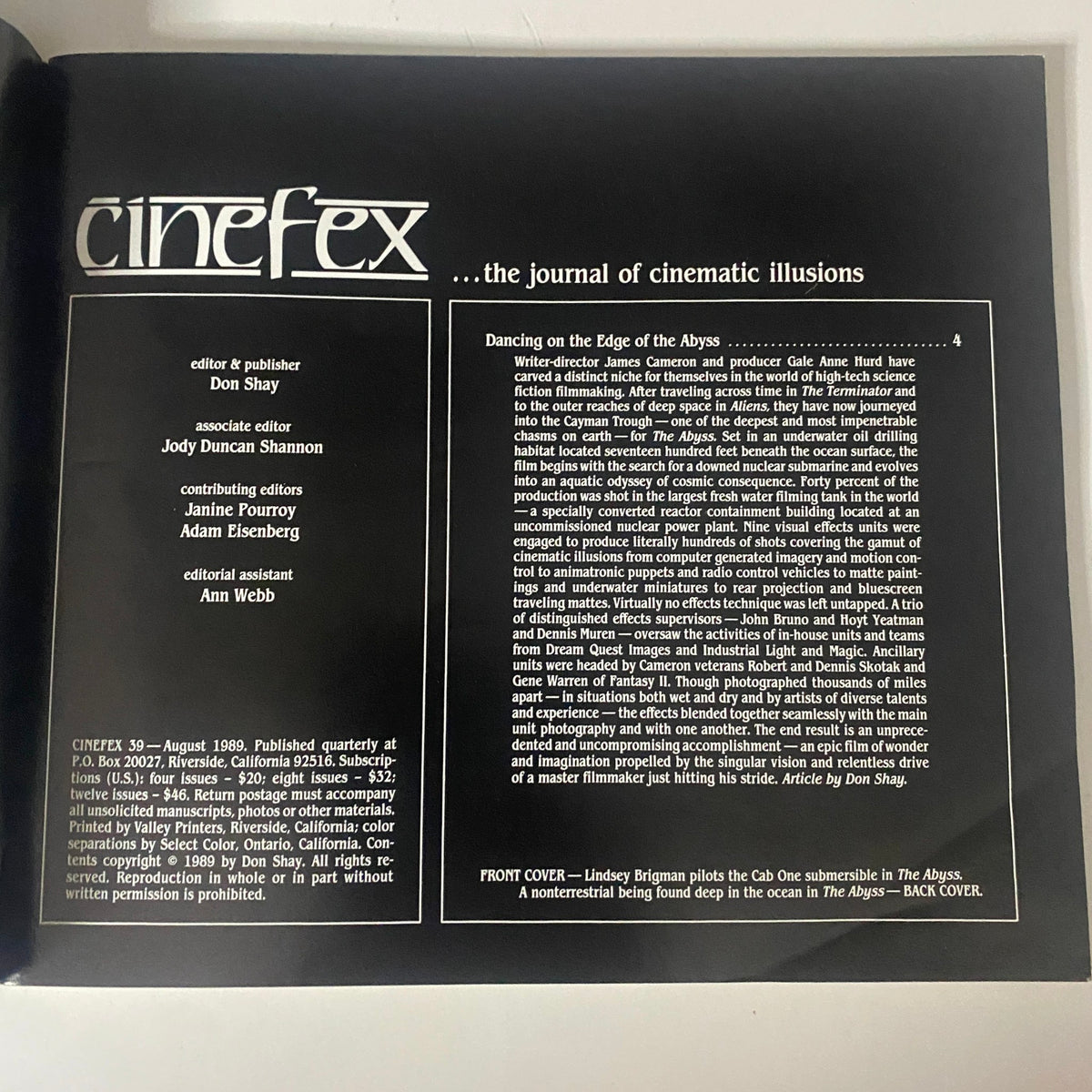 Inside page of Cinefex Magazine August 1989 No. 39 detailing the editorial information and article 'Dancing on the Edge of the Abyss' about the film The Abyss.