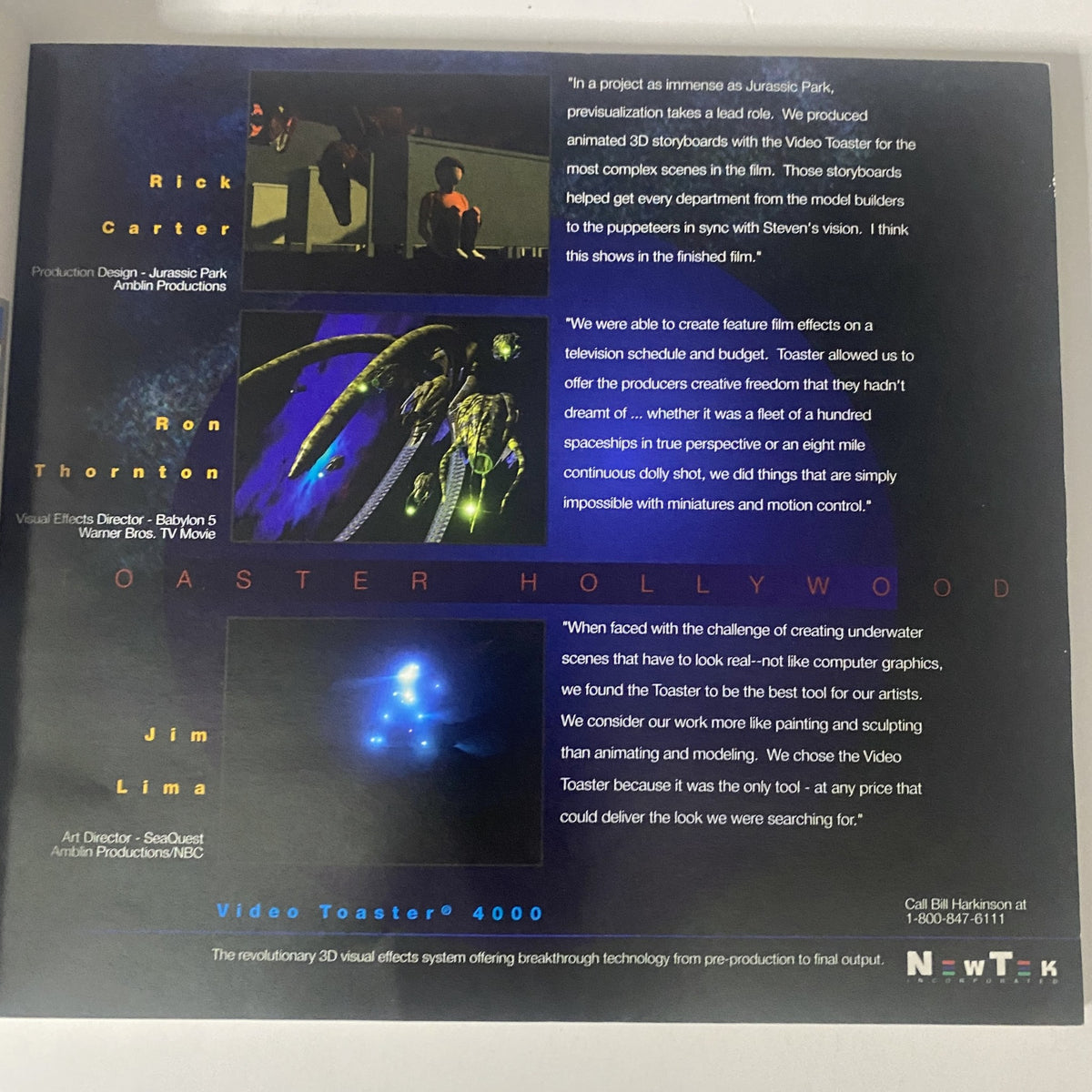 Back cover of Cinefex Magazine August 1993 No. 55 showcasing a design featuring Tyrannosaurus rex, highlighting the contributions of Rick Carter, Ron Thornton, and Jim Lima to visual effects, particularly in Jurassic Park.