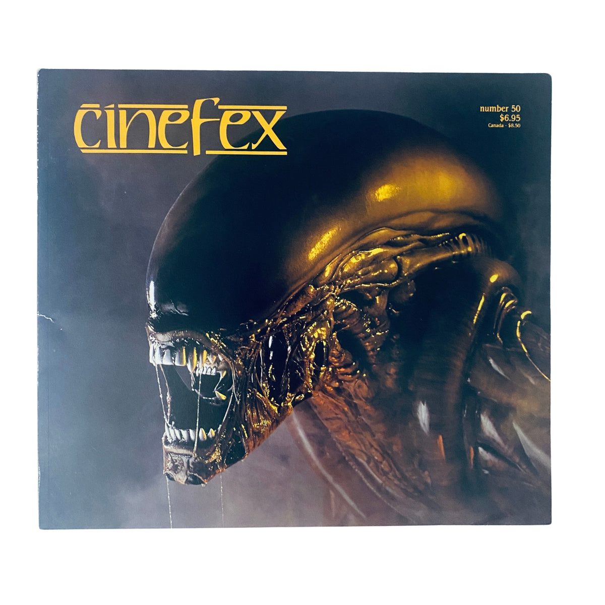 Cinefex Magazine May 1992, Issue No. 50 featuring the Alien Xenomorph of Alien 3 on the cover. The cover showcases a striking close-up of the xenomorph's menacing facial features against a dark background, highlighting the iconic character from the film.