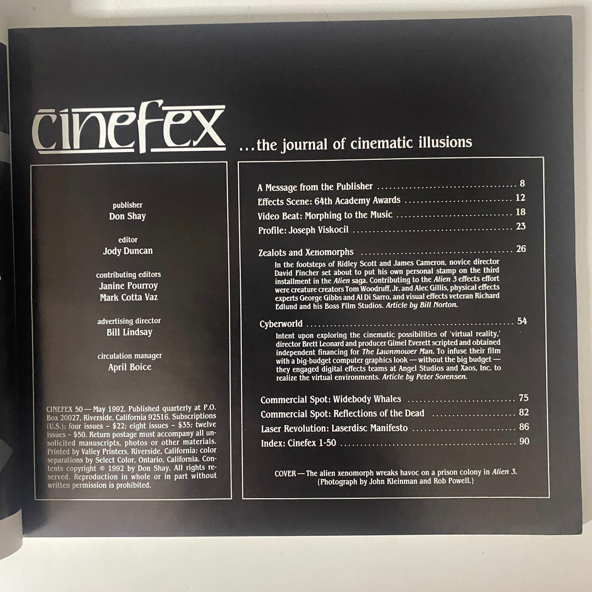 Cinefex Magazine May 1992 Issue No. 50 content page featuring articles on visual effects including 'Effects Scene: 64th Academy Awards' and 'Zealots and Xenomorphs' related to Alien 3.