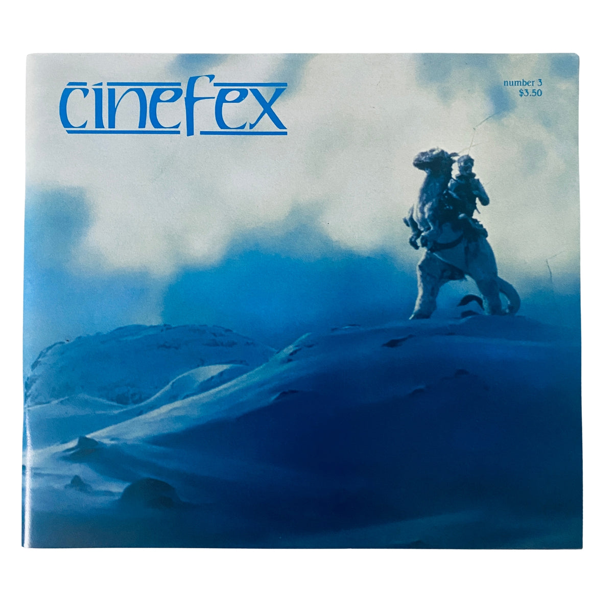 Cinefex Magazine December 1980 No. 3 features an artistic cover showcasing Luke Skywalker on a tauntaun against a snowy landscape, emphasizing the cinematic artistry of The Empire Strikes Back.