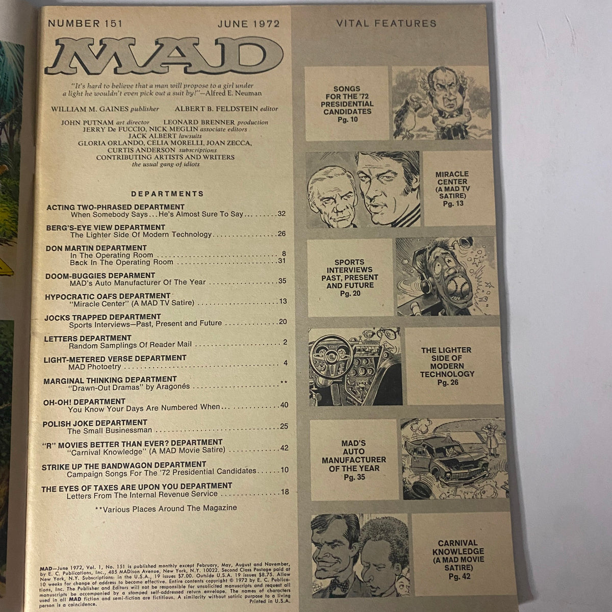 Contents page of Mad Magazine June 1972, Issue No. 151, listing featured departments and vital articles including humor and satire.