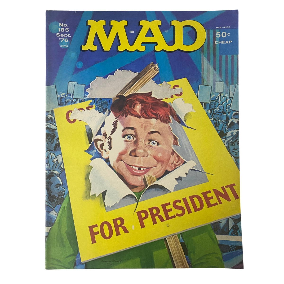 Mad Magazine September 1976 Issue No. 185 For President cover featuring a character with a big smile holding a sign that reads 'FOR PRESIDENT' against a vibrant background.