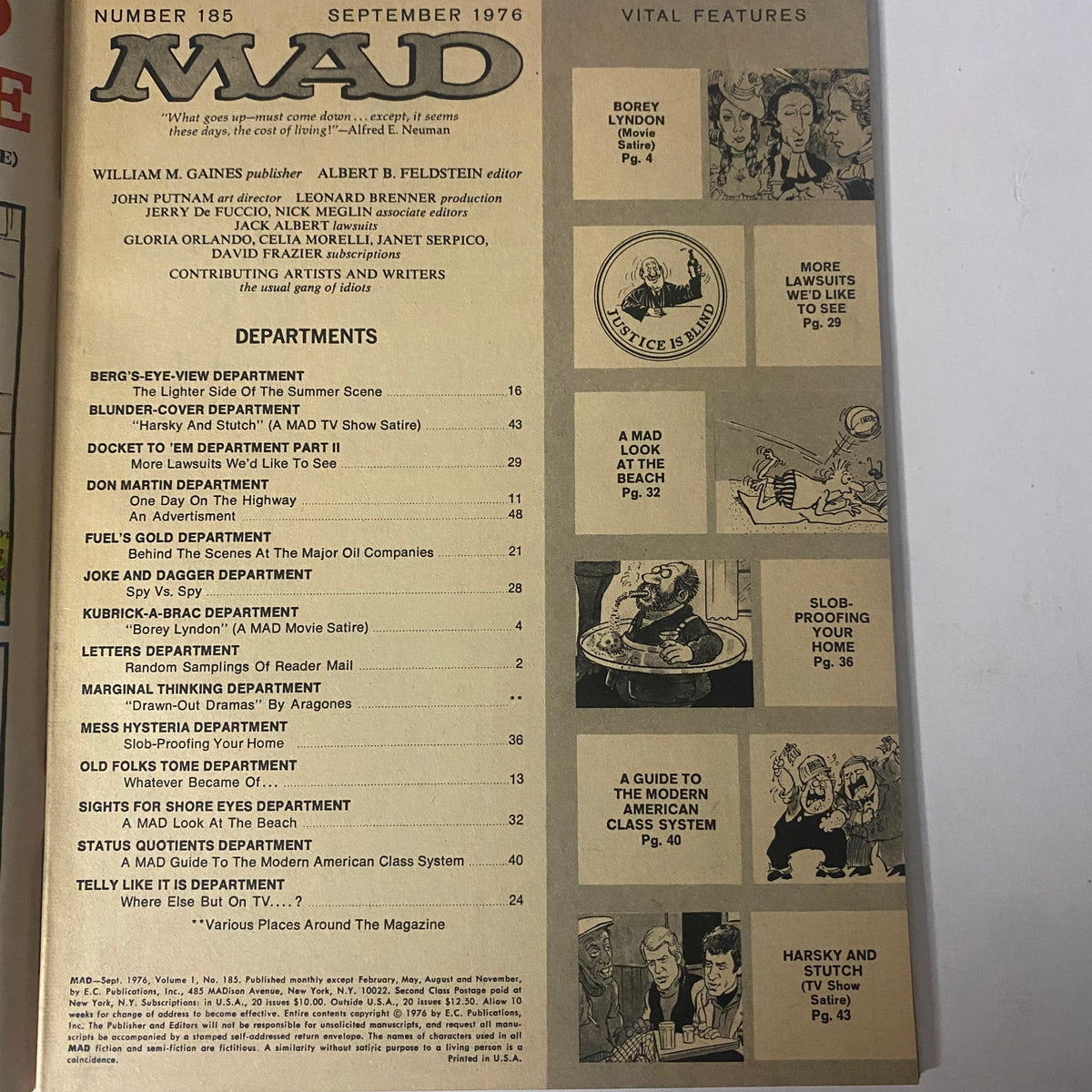 Interior page of Mad Magazine September 1976 No. 185 showcasing the contents and vital features list including satirical articles and departments.