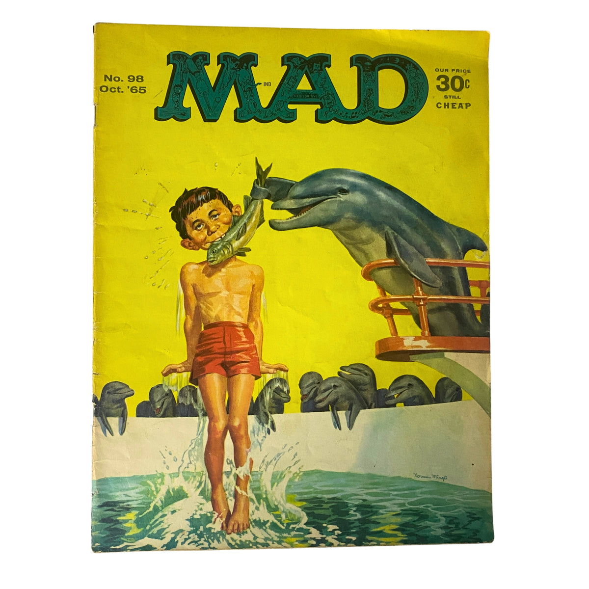 Mad Magazine October 1965 No. 98 cover featuring a humorous illustration with a boy standing in water and a dolphin interacting with him. This vintage magazine is graded 4.0 Very Good (VG) and showcases mid-1960s humor.