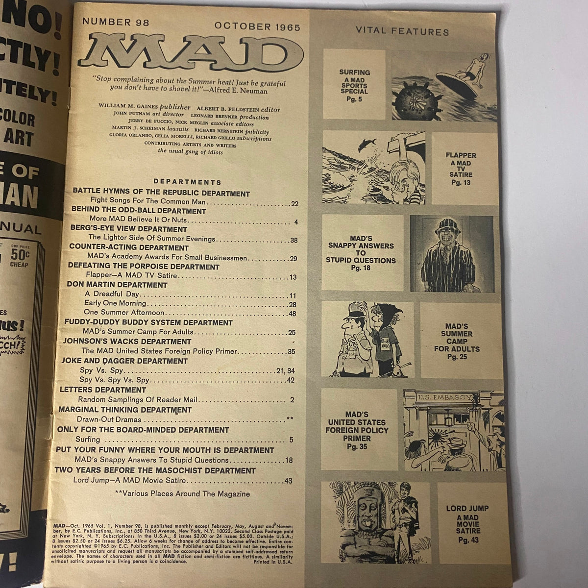 Interior page from Mad Magazine October 1965 No. 98 listing the vital features and department contents, illustrating classic satirical segments from the iconic publication.