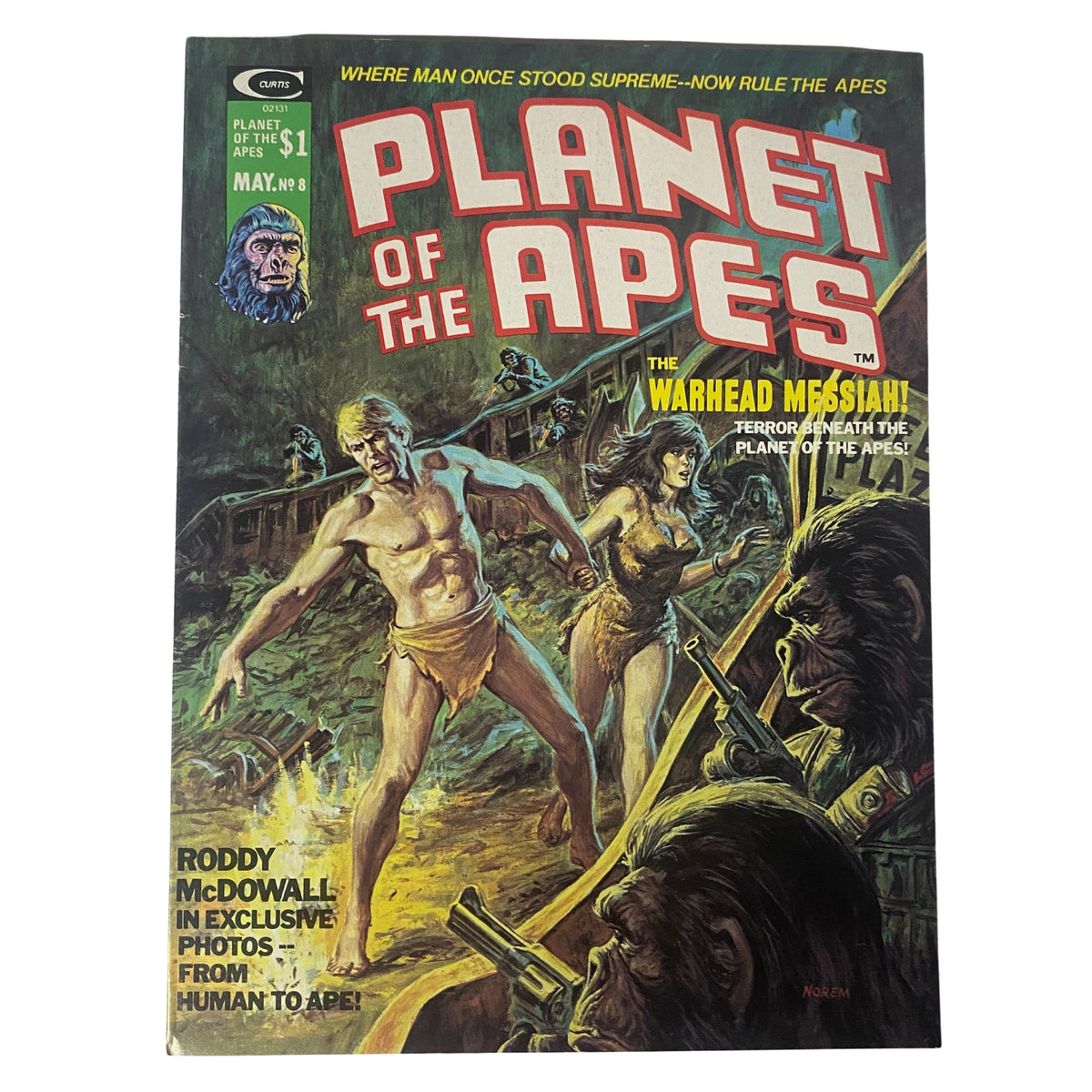 Cover of Planet of the Apes May 1975 No. 8 The Warhead Messiah featuring dramatic artwork with characters set in a jungle, emphasizing adventure and sci-fi themes.