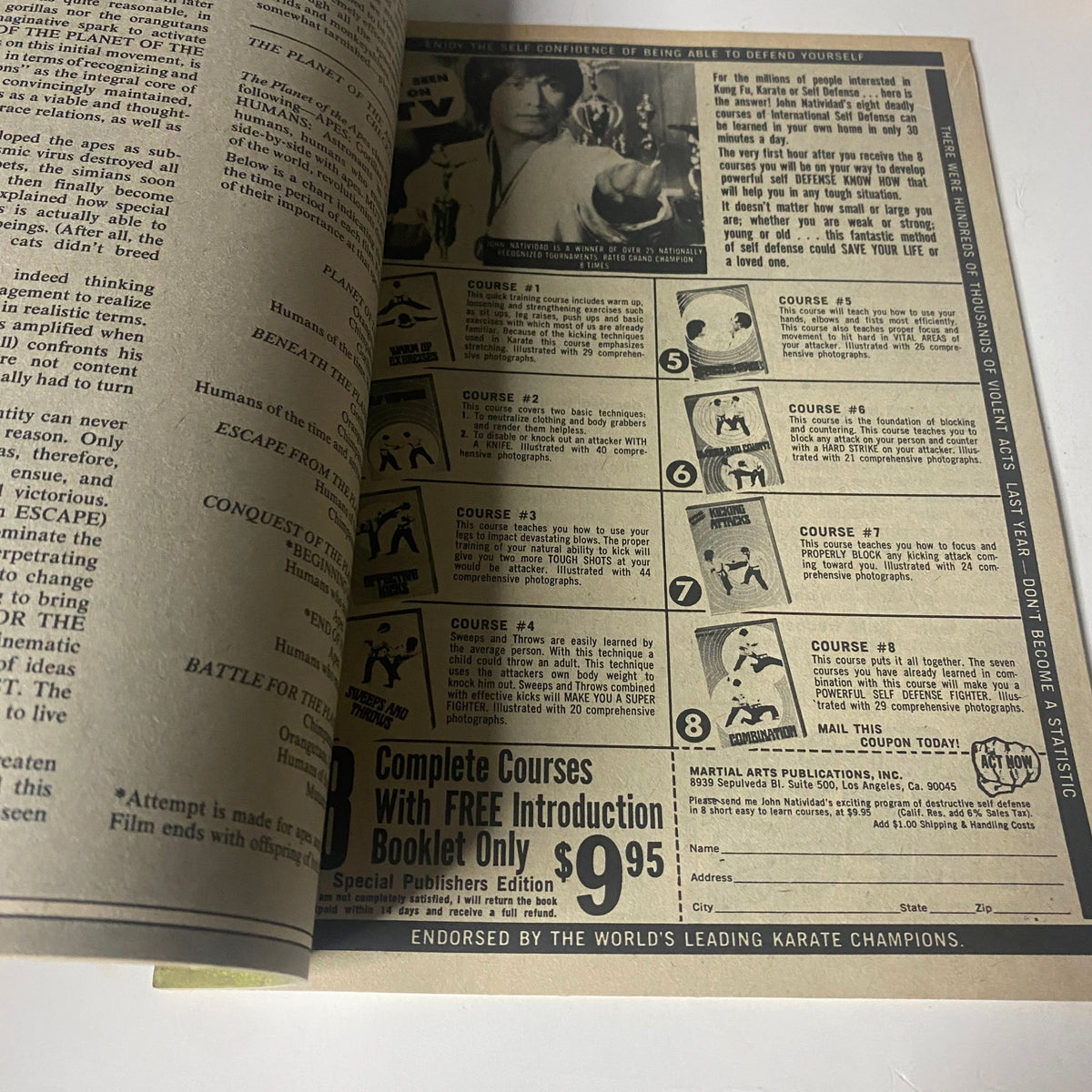 Back cover of Planet of the Apes May 1975 Issue No. 8 showcasing an advertisement for martial arts courses, emphasizing the influence of popular culture in the mid-1970s.
