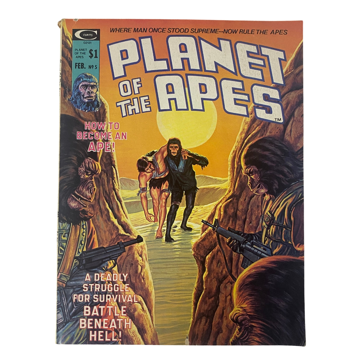 Planet of the Apes February 1975 No. 5 How To Become an Ape cover featuring a dramatic illustration of gorillas and a human set against a sunset backdrop.