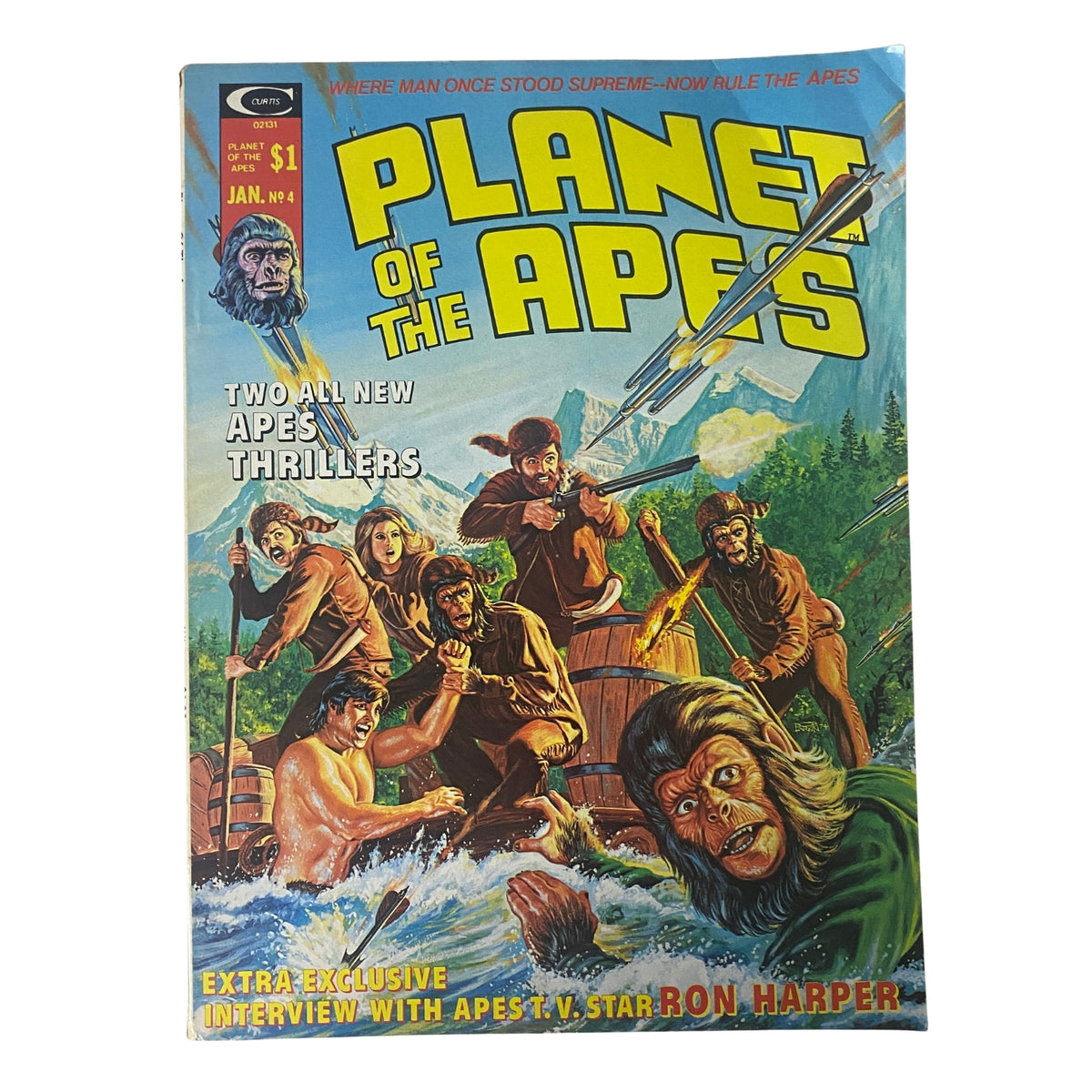 Cover of Planet of the Apes January 1975, Issue No. 4, featuring a vibrant illustration of apes in a riverboat adventure, highlighting two all-new Apes thrillers.