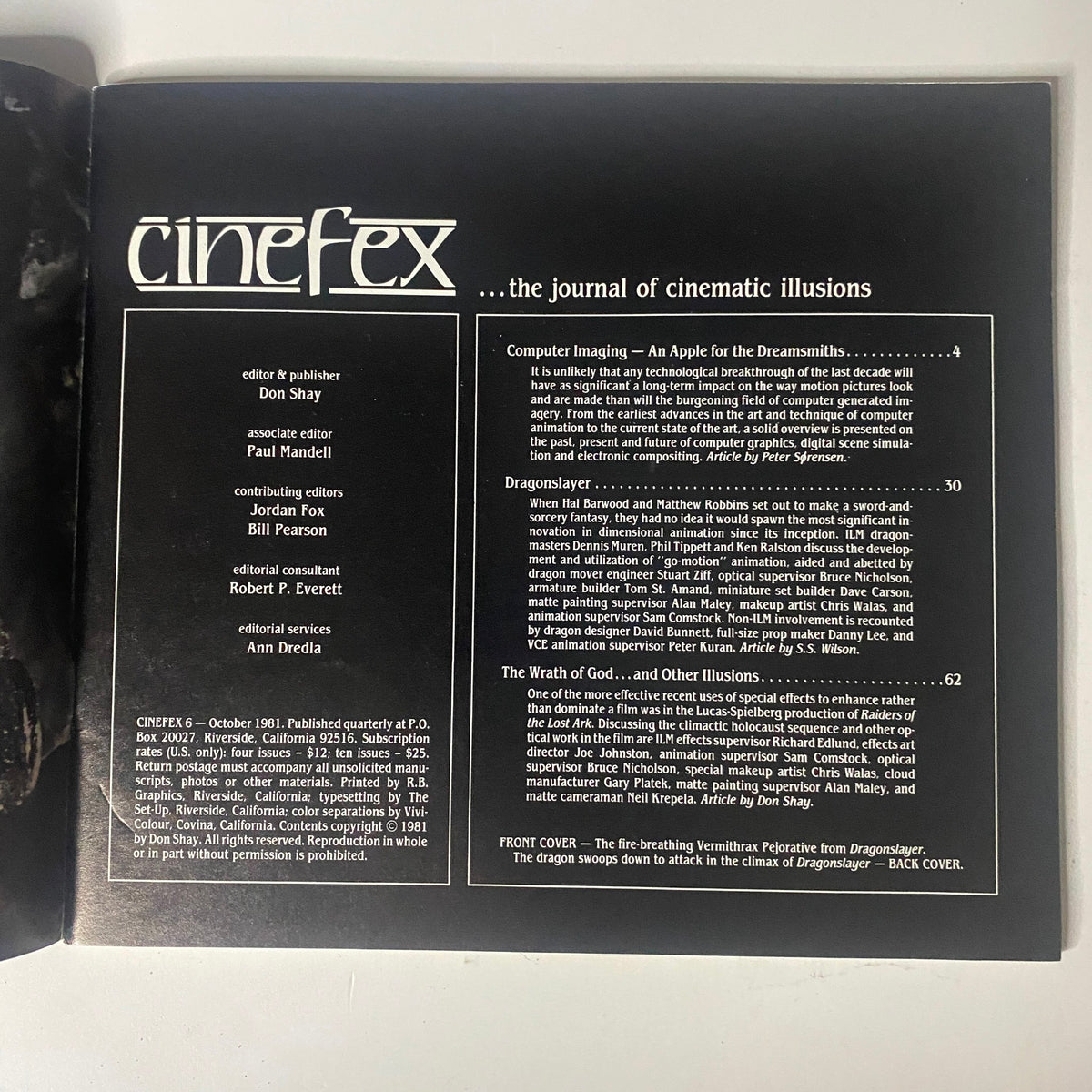 Cinefex Magazine October 1981 No. 6 Dragonslayer interior page displaying the table of contents, highlighting articles about computer imaging and the effects of the film Dragonslayer.