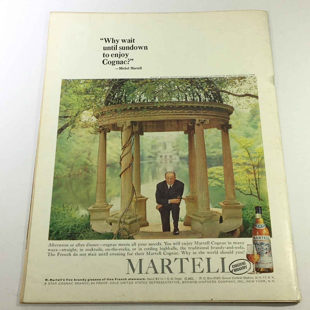 Advertisement page from VTG Gourmet The Magazine of Good Living June 1962 showcasing Martell Cognac with a gentleman in a serene garden setting.