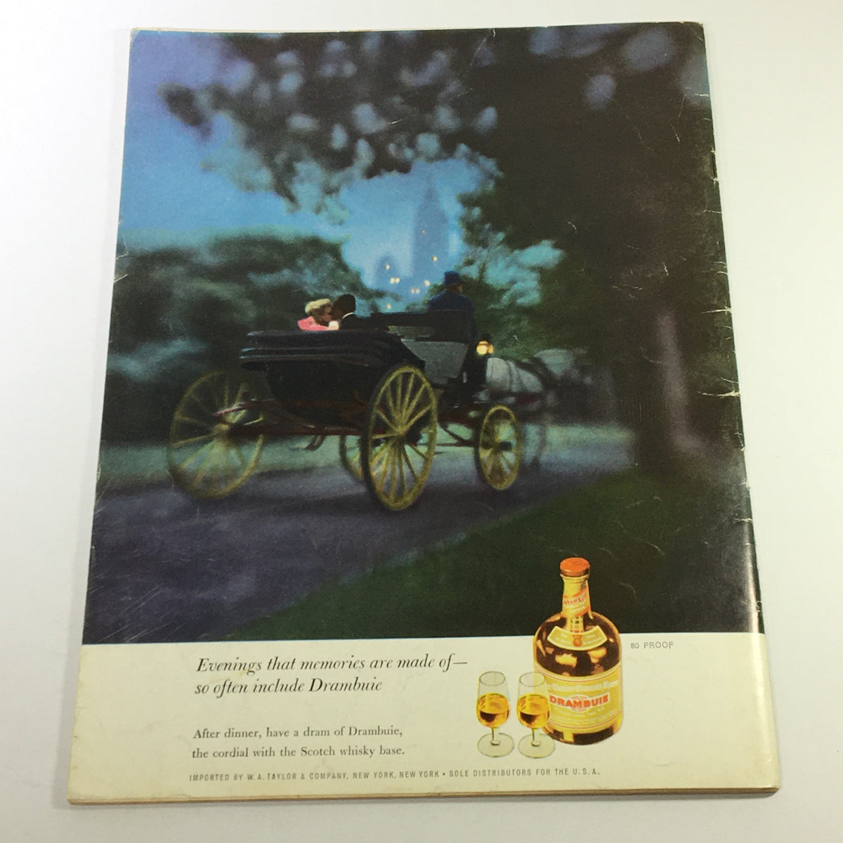 Back cover of VTG Gourmet The Magazine of Good Living September 1962 showcasing a vintage horse carriage scene, promoting the mood of fine dining and nostalgia.