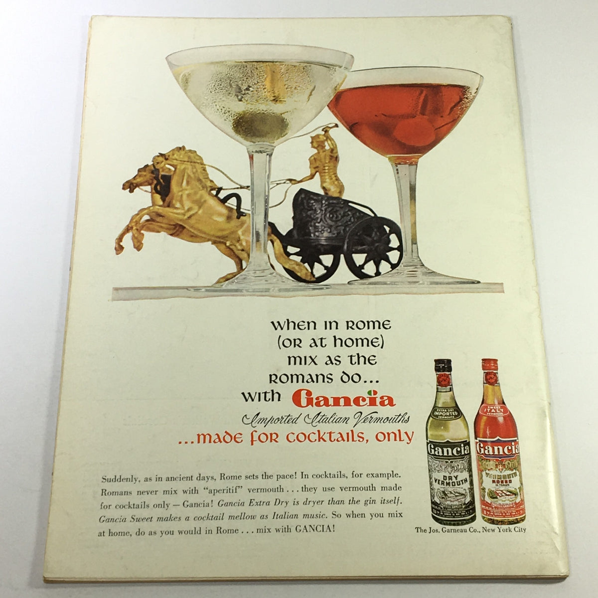 Back cover of VTG Gourmet The Magazine of Good Living, April 1962 issue, featuring an advertisement for Gancia vermouth with cocktail glasses and a vintage horse and chariot design.