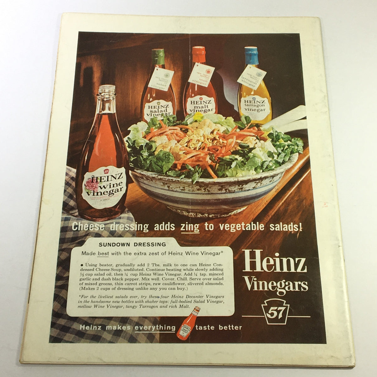 Vintage Gourmet Magazine Cover from August 1962 featuring Heinz Vinegars advertisement with various vinegar bottles and a colorful salad. Part of the issue themed 'The Cordial Touch'.
