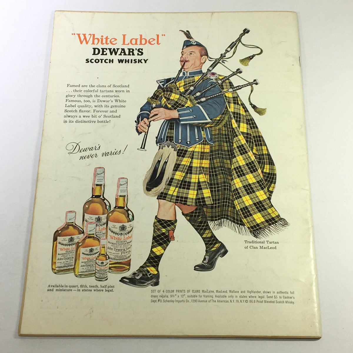 Advertisement for Dewar's Scotch Whisky featuring a bagpiper in traditional Scottish attire, as seen in VTG Gourmet The Magazine of Good Living June 1963, showcasing Scottish culture and whisky heritage.