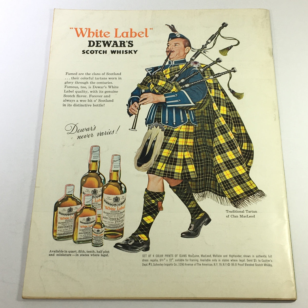Back cover of VTG Gourmet: The Magazine of Good Living, June 1963 edition, featuring an advertisement for Dewar's White Label Scotch Whisky with a bagpiper in traditional Scottish attire.