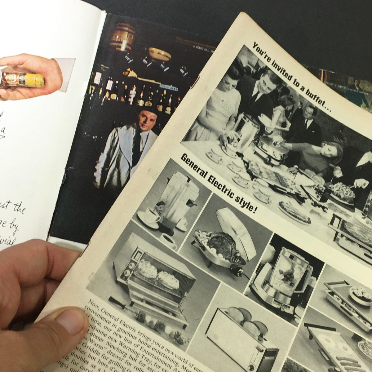 Inside page of VTG Gourmet The Magazine of Good Living November 1963, displaying vintage cooking advertisements and a social gathering scene.