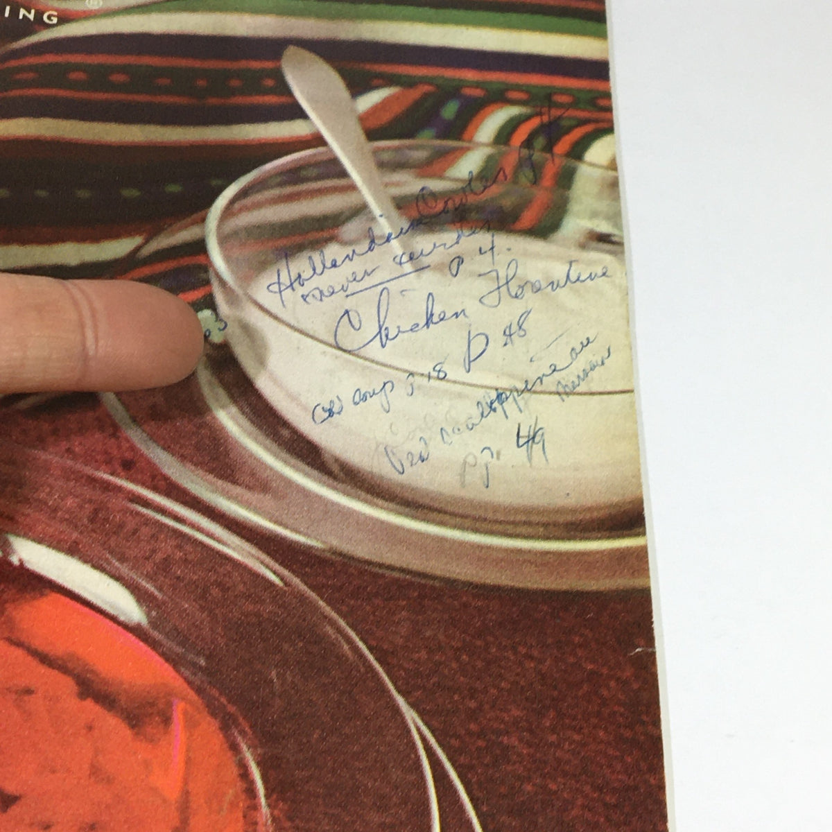 Close-up of Vintage Gourmet Magazine - July 1963 detailing handwritten notes alongside an image of a dessert.