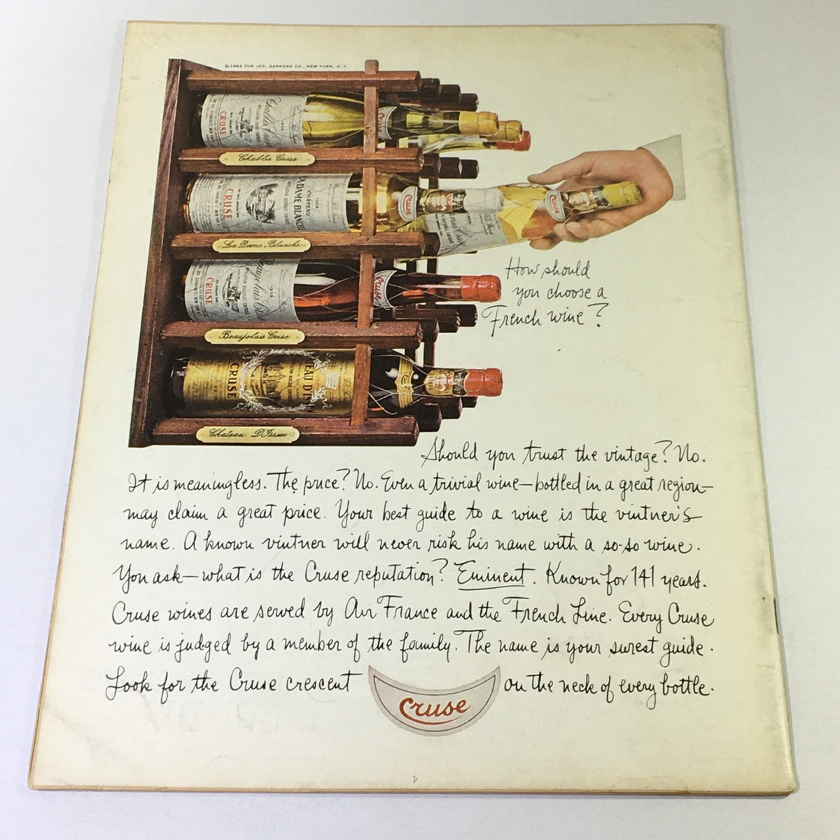 Back cover of VTG Gourmet Magazine July 1963, displaying a vintage advertisement for French wine, related to the culinary theme of the magazine.