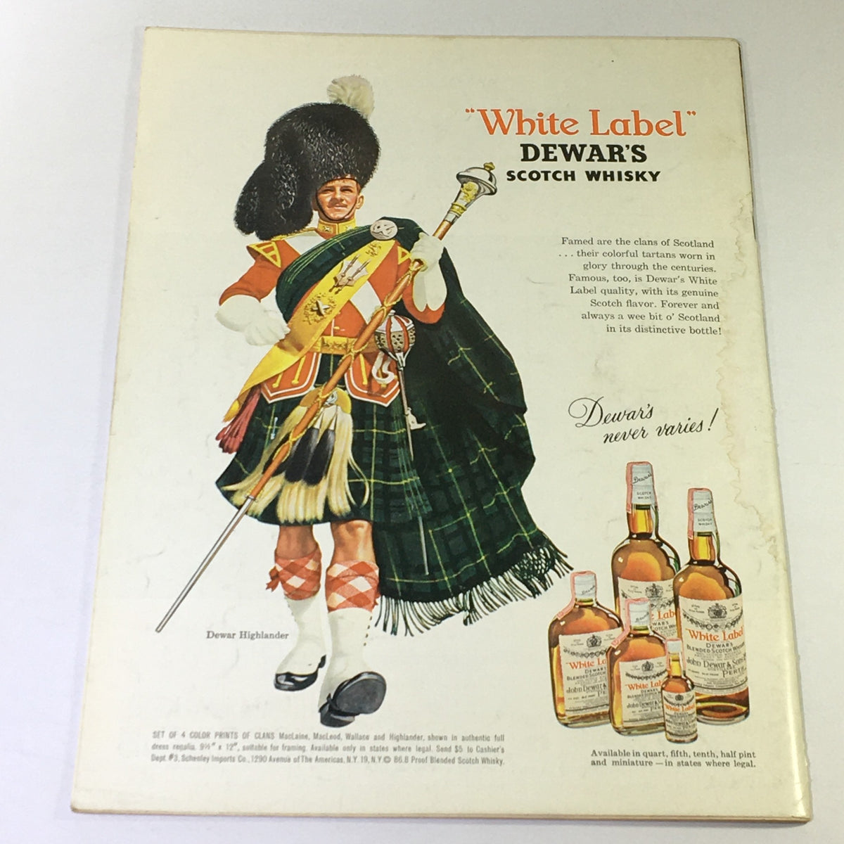 Back cover of VTG Gourmet: The Magazine of Good Living, January 1963, showcasing a colorful advertisement for Dewar's Scotch Whisky, featuring a Highlander in traditional attire.