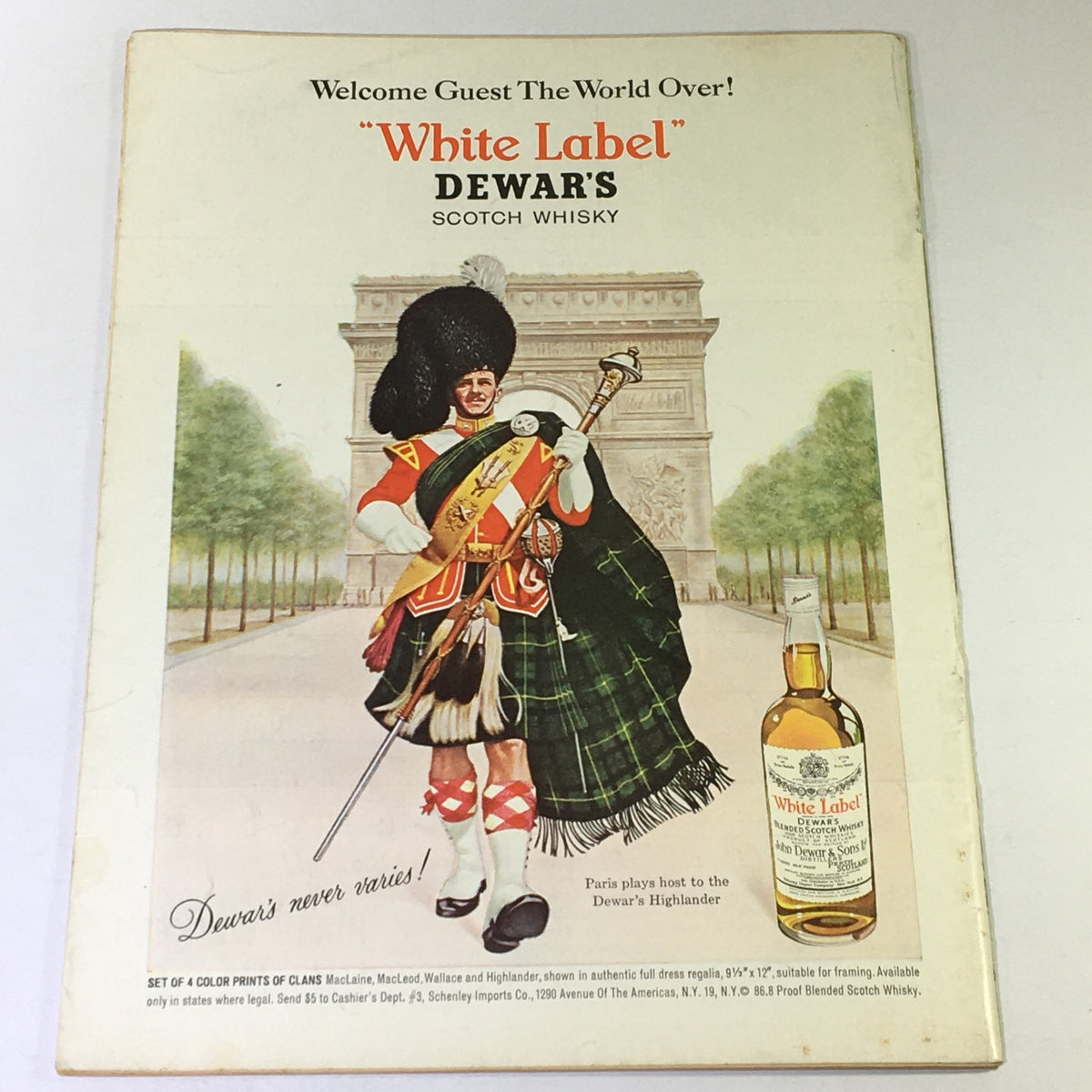 Cover of the vintage January 1964 issue of Gourmet Magazine: The Magazine of Good Living featuring a historical advertisement for Dewar's Scotch Whisky. The illustration depicts a Scottish piper in traditional regalia, showcasing the rich culture of gastronomy during that era.