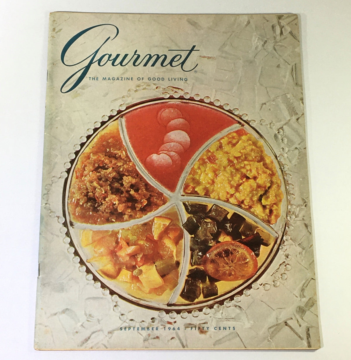 Cover of VTG Gourmet The Magazine of Good Living September 1964 - The Spice Heritage featuring an artistic dish of various foods arranged in a decorative plate.