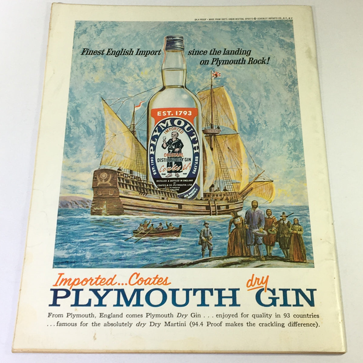 VTG Gourmet The Magazine of Good Living July 1964 advertisement for Plymouth Dry Gin showcasing an illustration of a ship and historical scene.