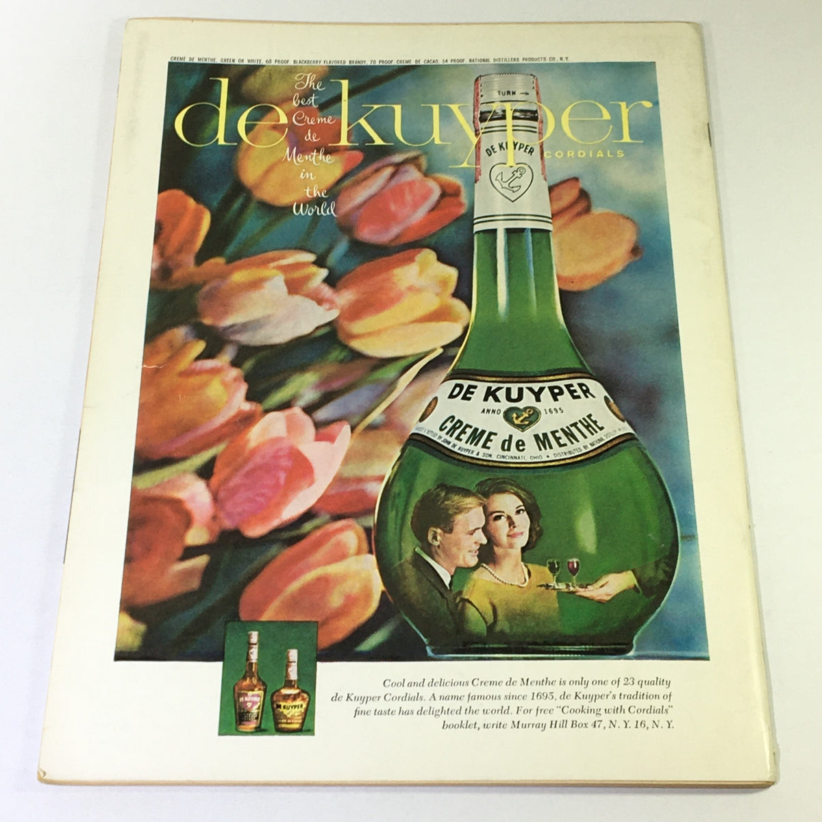 Cover of VTG Gourmet March 1965 - Memorable Morsels magazine featuring a vibrant illustration of a green bottle of De Kuyper Creme de Menthe against a backdrop of colorful tulips, highlighting culinary delights from the 1960s.