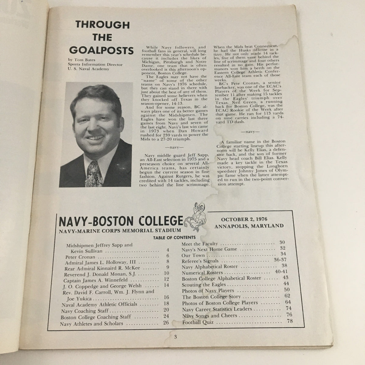 Inside page of the 1976 Navy Boston College Navy-Marine Corps Memorial Stadium Program featuring an article by Tom Barnes about the U.S. Naval Academy.