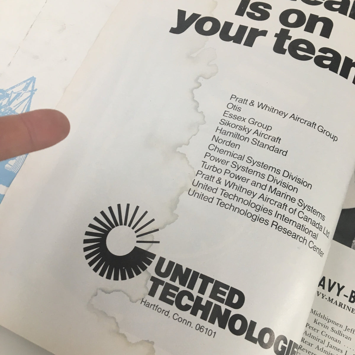 Inside page of the 1976 Navy Boston College Navy-Marine Corps Memorial Stadium Program showcasing United Technologies information and logo.