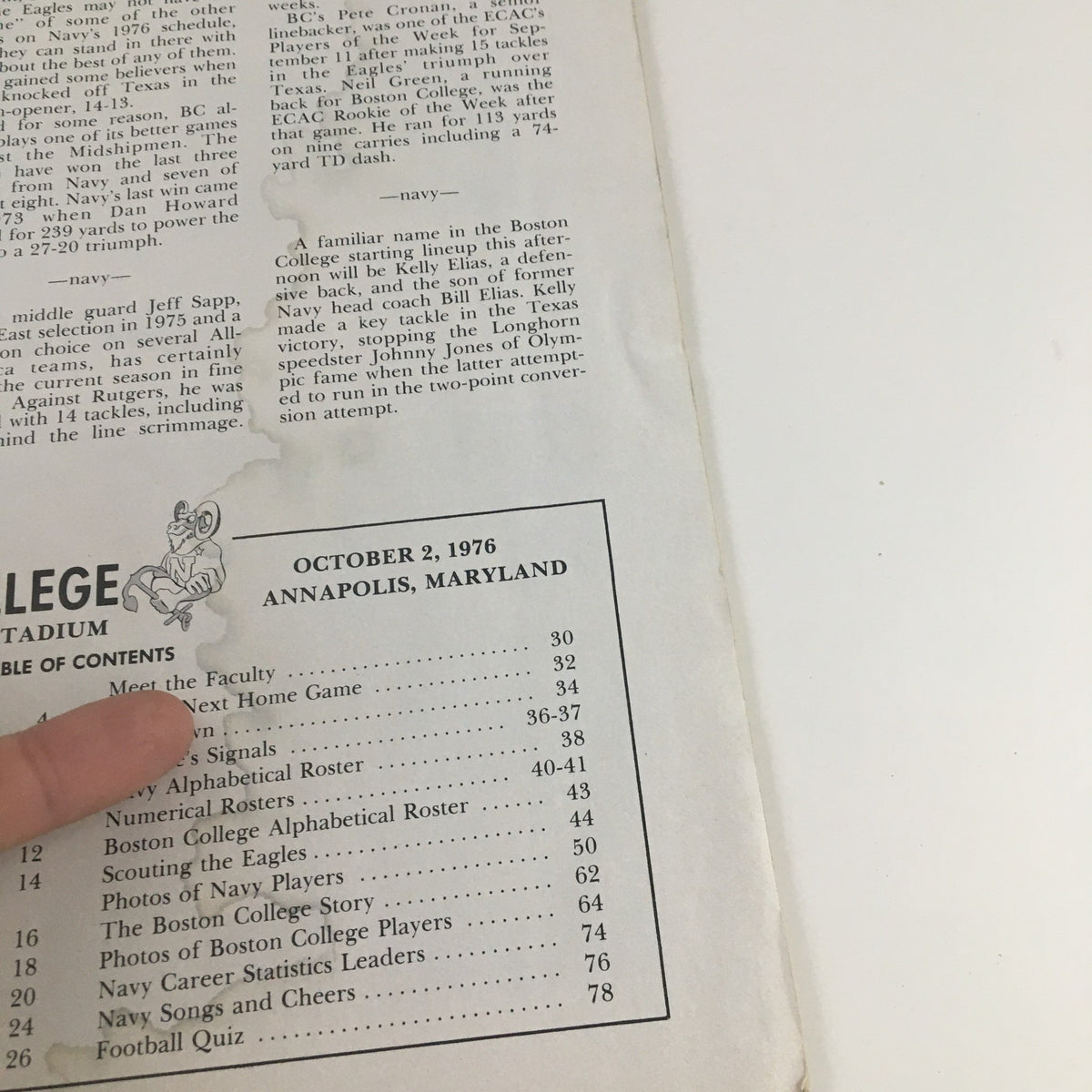 Contents page of the 1976 Navy Boston College Navy-Marine Corps Memorial Stadium Program with section titles and page numbers.