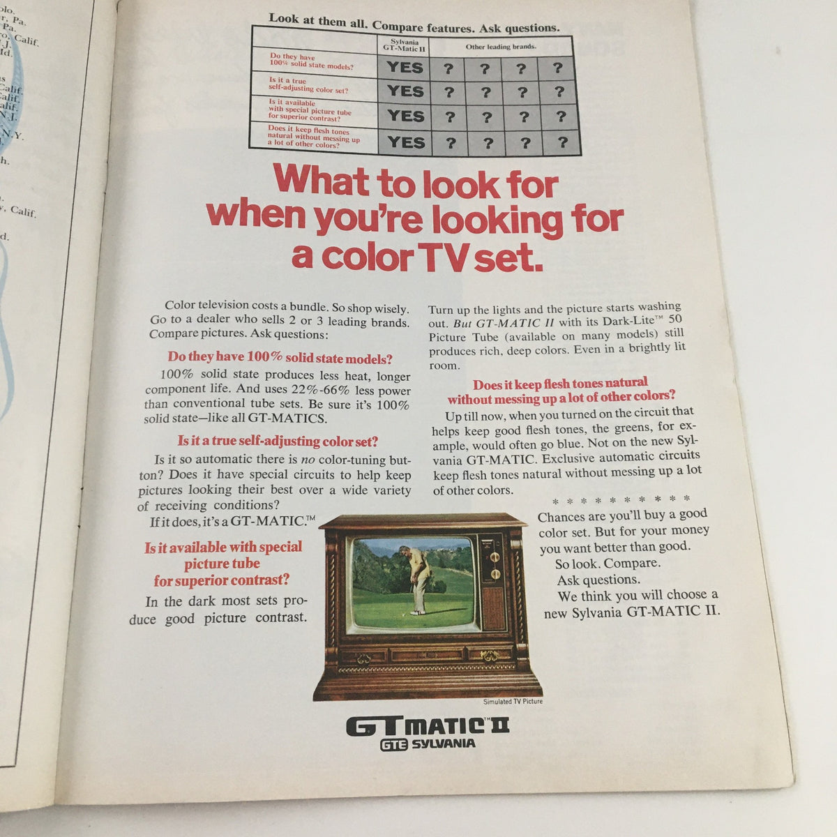 Advertisement page from the 1976 Navy Boston College Navy-Marine Corps Memorial Stadium Program discussing features of color TV sets.