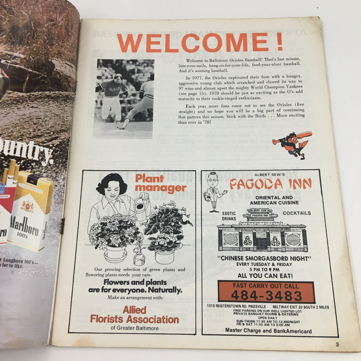 Inside page of the 1978 The Daily Baltimorean The O's Keep Swinging Official Program, featuring a welcome message and advertisements.