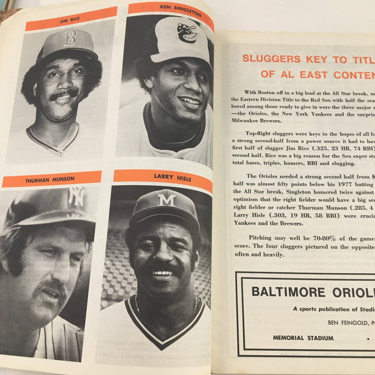 Inside page of the 1978 The Daily Baltimorean The O's Keep Swinging Official Program, showcasing player profiles including Jim Rice, Ken Singleton, Thurman Munson, and Larry Hisle.
