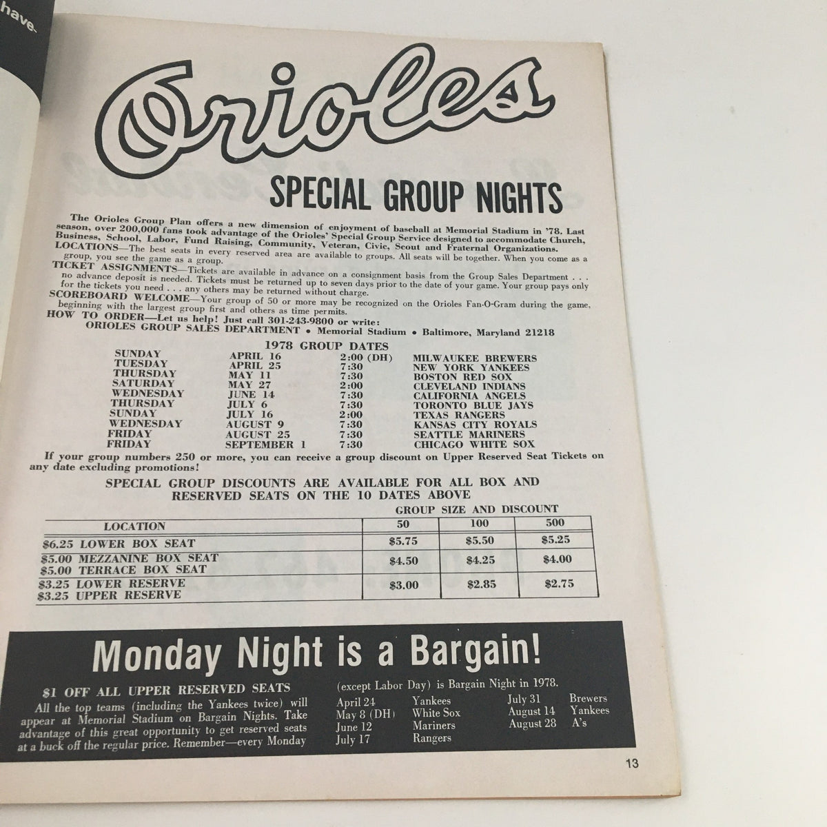 Inside page of the 1978 The Daily Baltimorean The O's Keep Swinging Official Program, detailing special group nights and ticket prices for the Baltimore Orioles.
