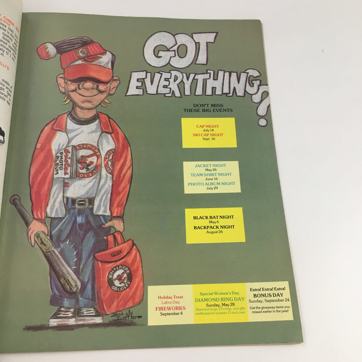 Page from 1978 The Daily Baltimorean The O's Keep Swinging Official Program featuring an illustration and announcement of events including Camp Night, Jacket Night, and Black Bat Night.