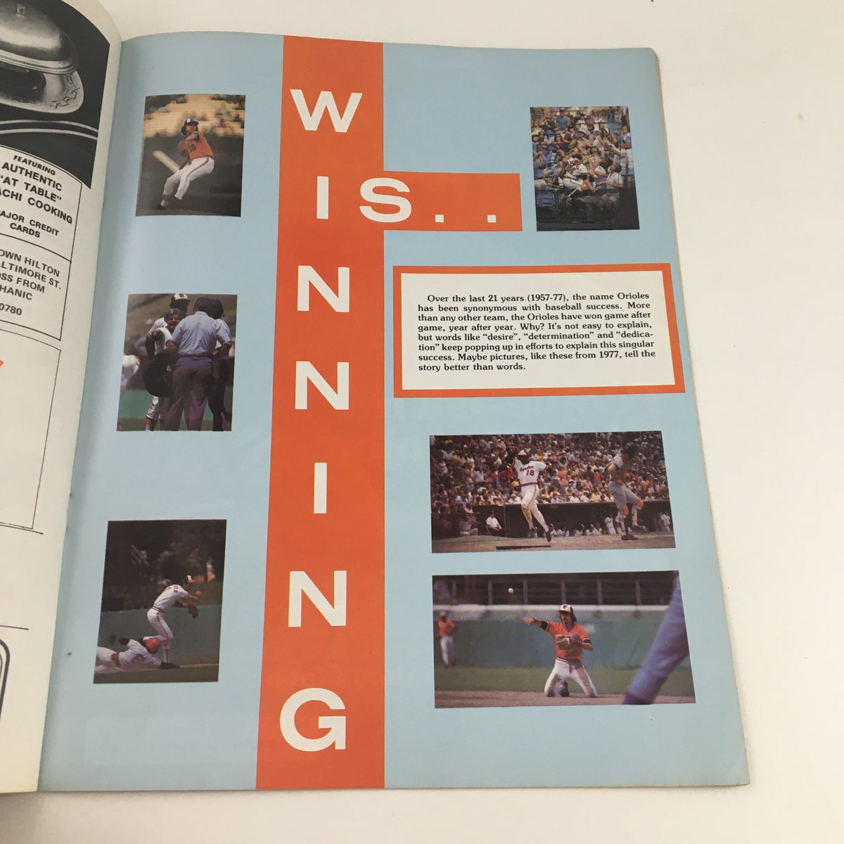 Page titled 'Winning' from 1978 The Daily Baltimorean The O's Keep Swinging Official Program, showcasing photographs of the Baltimore Orioles baseball team in action.