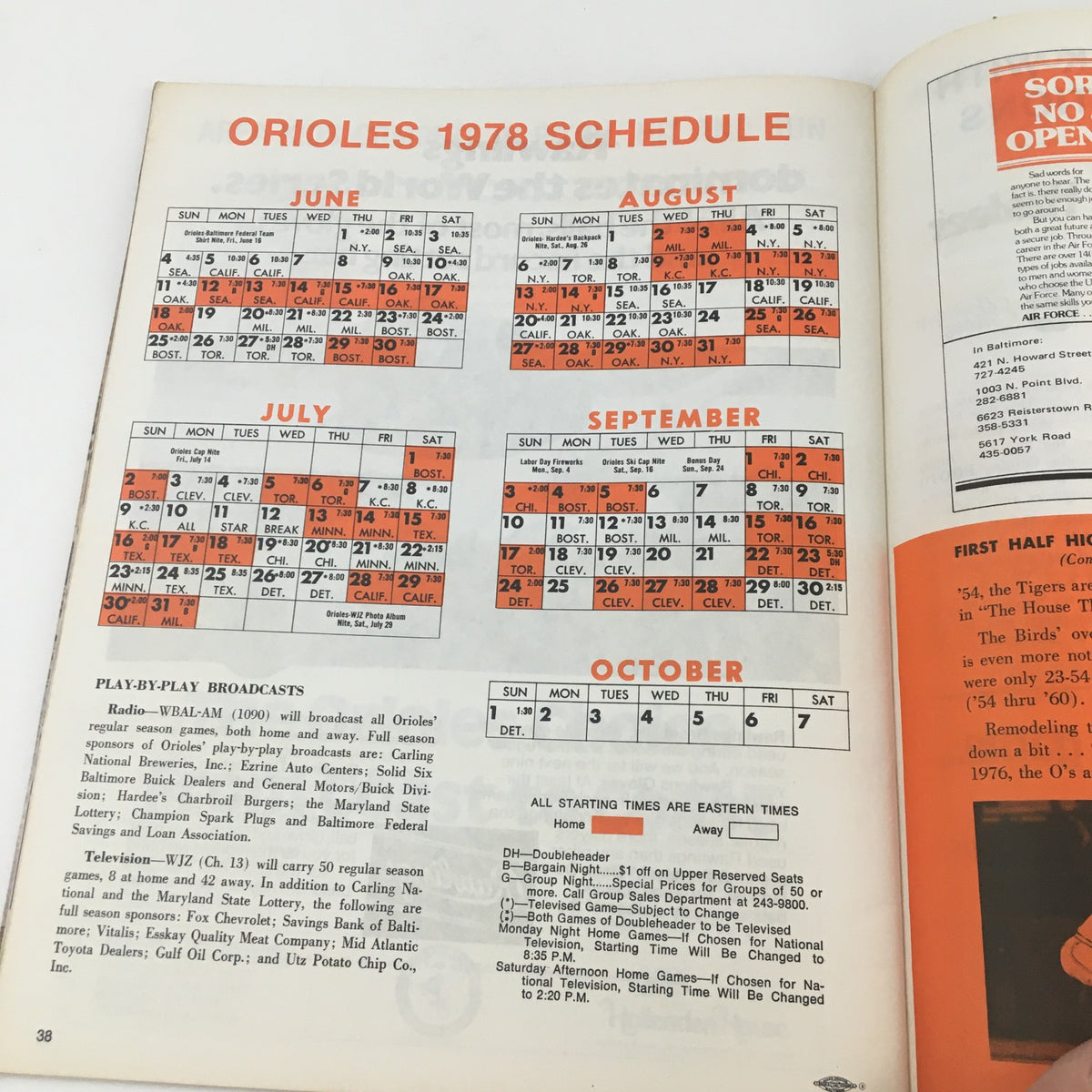 Page displaying the 1978 Orioles schedule from 1978 The Daily Baltimorean The O's Keep Swinging Official Program, featuring monthly game dates and broadcast information.