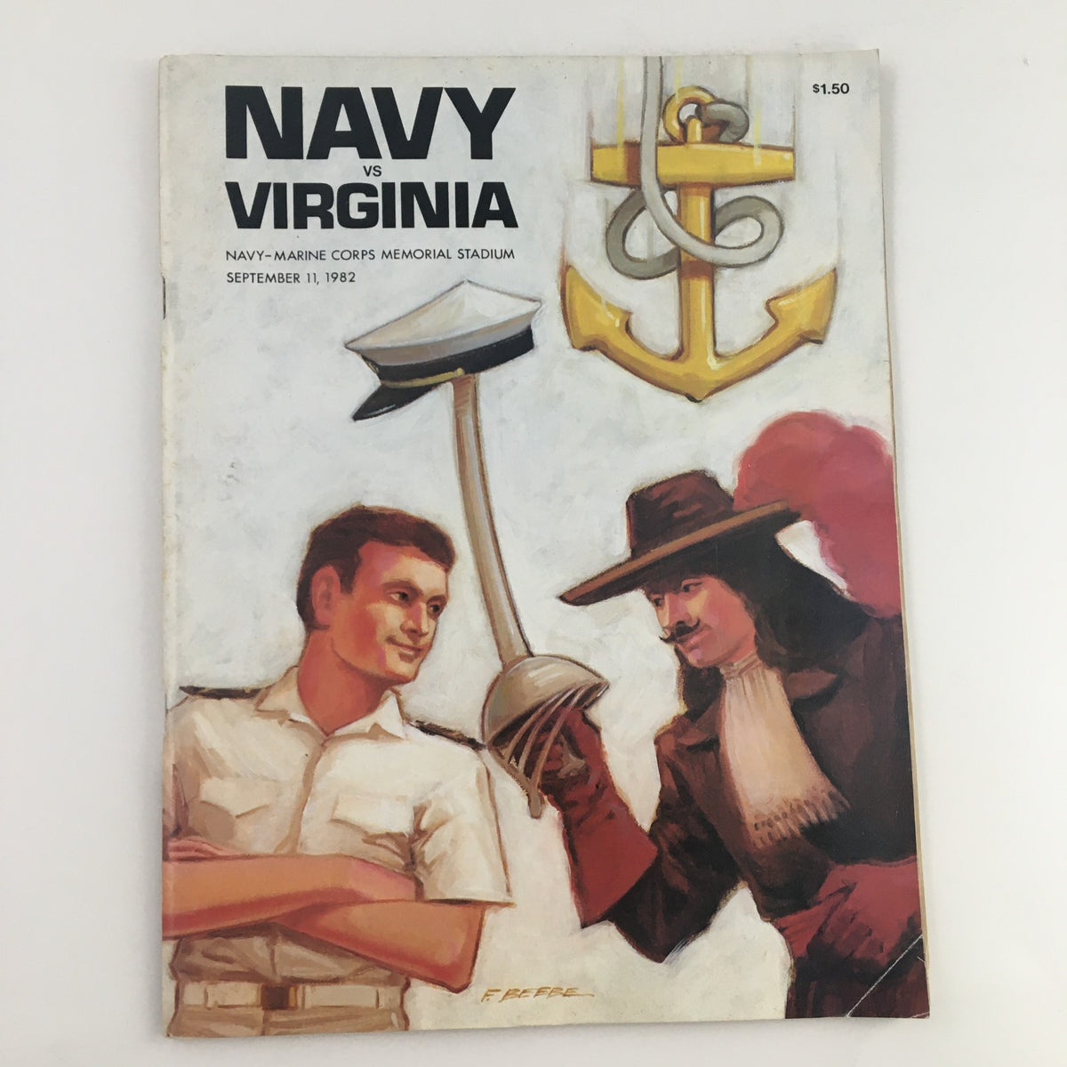 1982 Navy-Marine Corps Memorial Stadium Navy vs Virginia Program cover featuring a naval officer and a historical figure, illustrated with nautical elements.