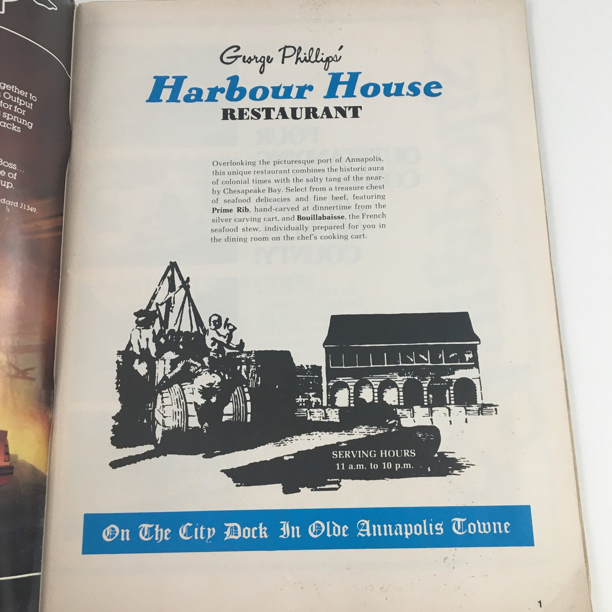 1982 Navy-Marine Corps Memorial Stadium Navy vs Virginia Program page showcasing a restaurant advertisement for Gurgi Philip's Harbour House, located on the city dock.