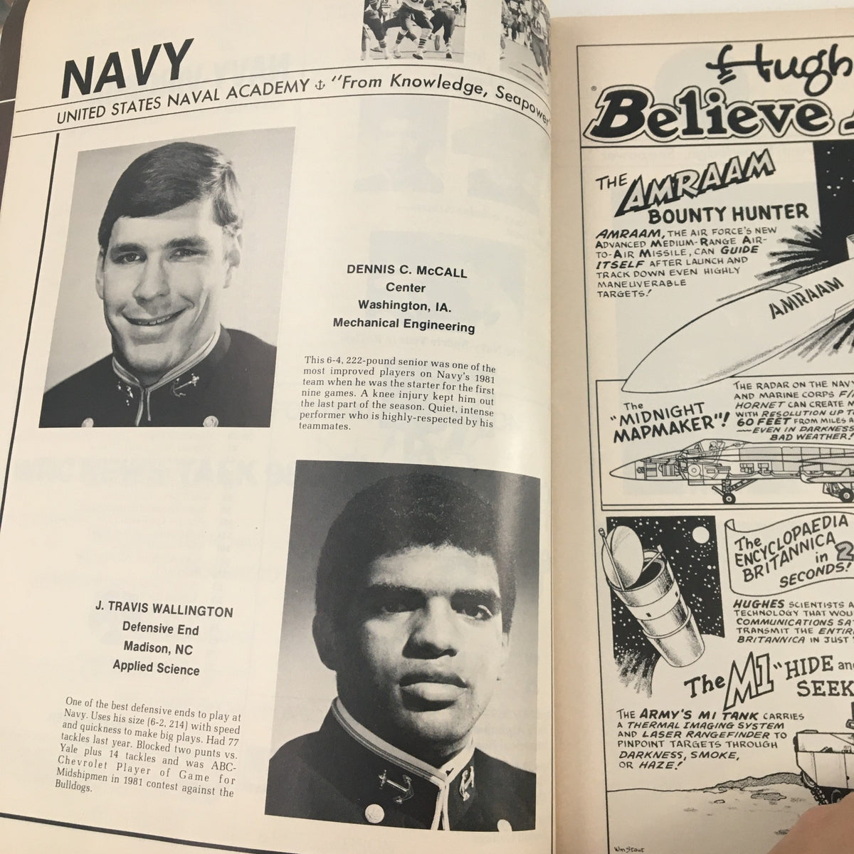 1982 Navy-Marine Corps Memorial Stadium Navy vs Virginia Program featuring images of Navy players Dennis C. McCall and J. Travis Wallington with their profiles.