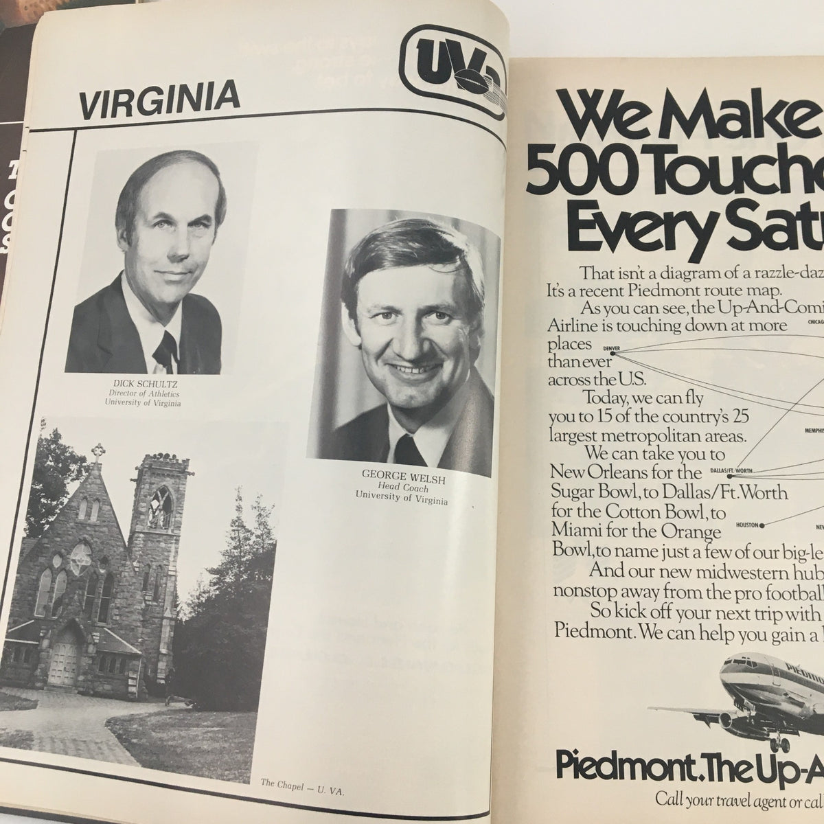 1982 Navy-Marine Corps Memorial Stadium Navy vs Virginia Program showcasing University of Virginia's officials D.K. Shultz and George Welsh along with a historical landmark.