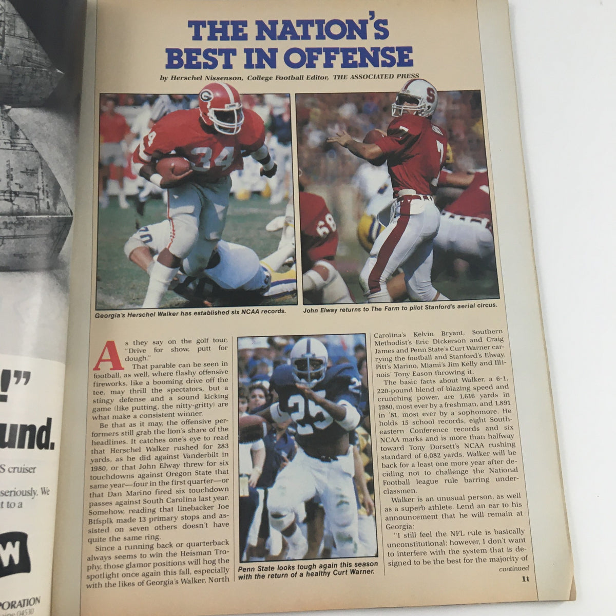 1982 Navy-Marine Corps Memorial Stadium Navy vs Virginia Program highlighting the top offensive players in college football with images of Herschel Walker and John Elway.