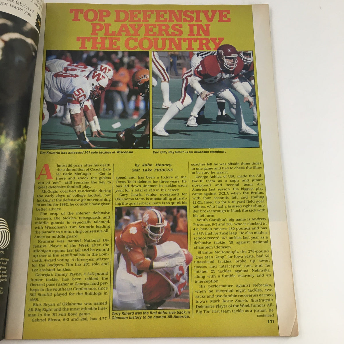 1982 Navy-Marine Corps Memorial Stadium Navy vs Virginia Program featuring articles on the best defensive college football players including images of players in action.