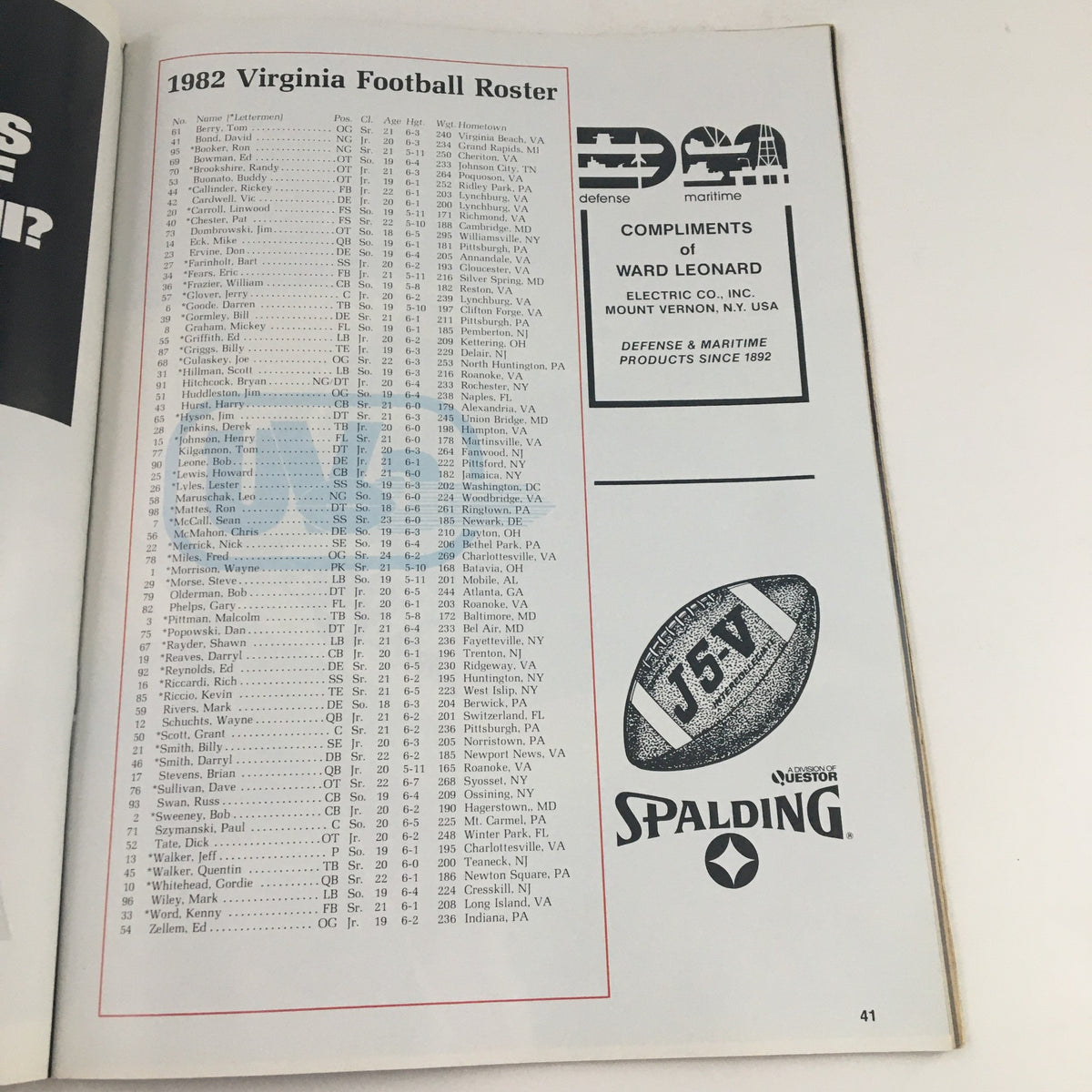 1982 Navy-Marine Corps Memorial Stadium Navy vs Virginia Program showcasing the Virginia football roster and associated team information.